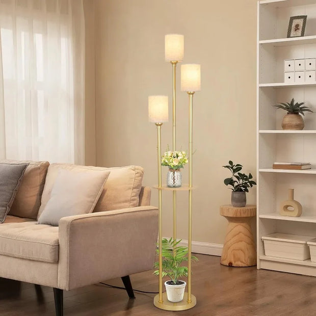 Floor Lamp with Shelves, Modern Floor Lamps for Living Room, 3-Lights Standing Lamp with Linen Shade and Foot Switch