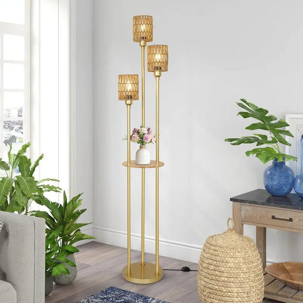 Floor Lamp with Shelves, Modern Floor Lamps for Living Room, 3-Lights Standing Lamp with Linen Shade and Foot Switch, Industrial