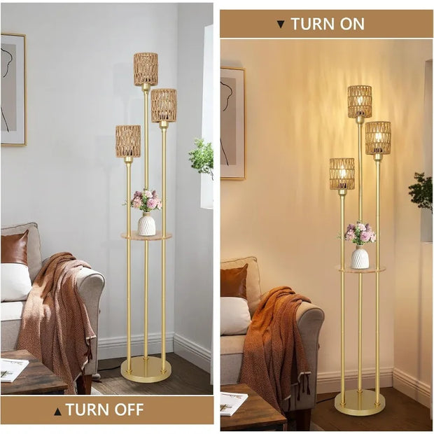 Floor Lamp with Shelves, Modern Floor Lamps for Living Room, 3-Lights Standing Lamp with Linen Shade and Foot Switch, Industrial