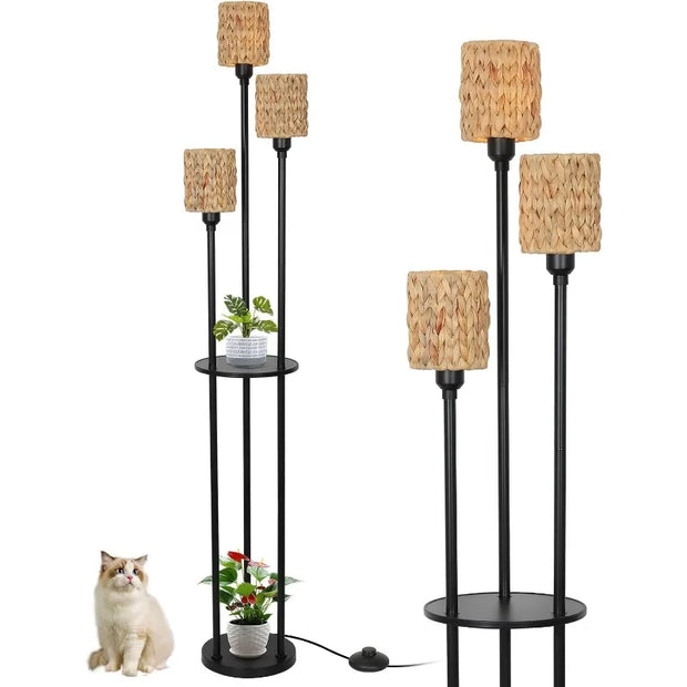 Floor Lamp with Shelves, Modern Floor Lamps for Living Room, 3-Lights Standing Lamp with Linen Shade and Foot Switch