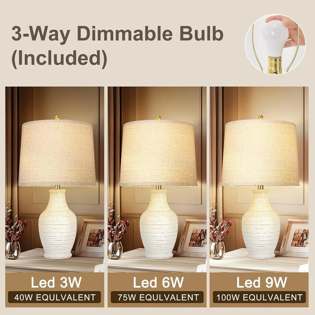 23"" White Washed Ceramic Table Lamps Set Of 2 With 3-Way Dimmable Bulb,Rotary Switch,Lamps For Living Room,Bedside Lamp With