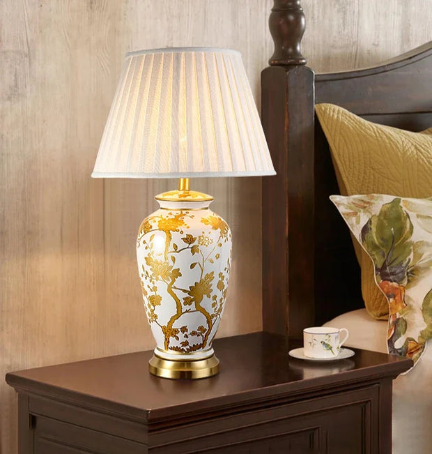 SANDYHA Nordic Classical Ceramic Desk Lamp Bedroom Decoration Home Dining Table Lighting for Living Room Fabric Lampshade