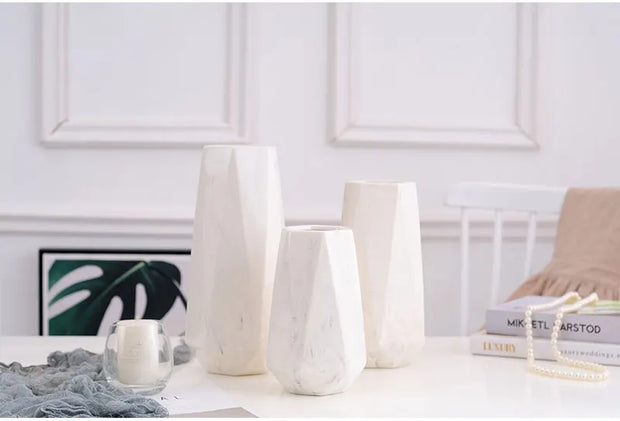 Nordic Ins Minimalist Polygonal Ceramic Vase Pure White Marble Pattern High Quality Handicrafts Home Model Soft Decoration