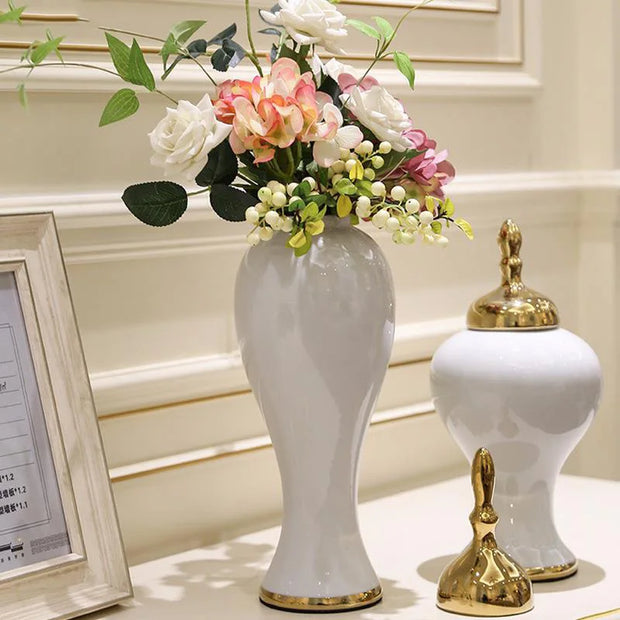 European Style Large Countertop Vase with Cover Flower Arrangement Desktop Ornaments Gilded Wedding Home Decoration