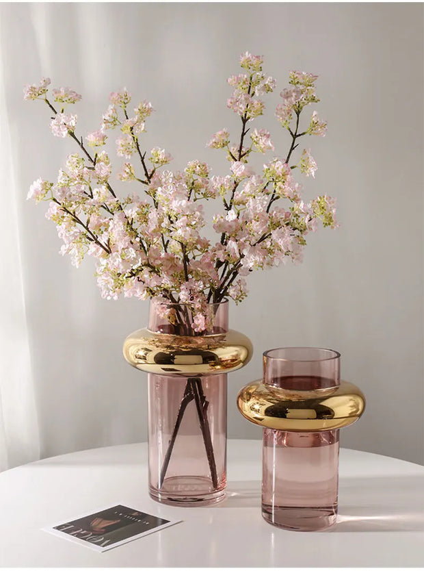 Nordic Light Luxury Gold Painted Glass Vase Simple Transparent Hydroponic Flower Arrangement Design Ornament Home Decor