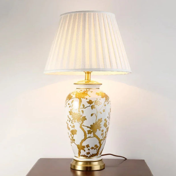 SANDYHA Nordic Classical Ceramic Desk Lamp Bedroom Decoration Home Dining Table Lighting for Living Room Fabric Lampshade