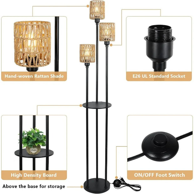 Floor Lamp with Shelves, Modern Floor Lamps for Living Room, 3-Lights Standing Lamp with Linen Shade and Foot Switch, Industrial