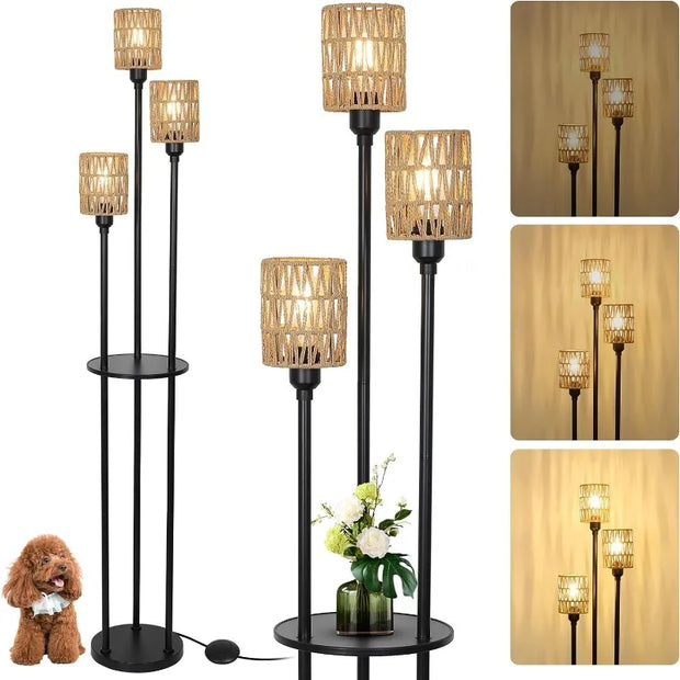 Floor Lamp with Shelves, Modern Floor Lamps for Living Room, 3-Lights Standing Lamp with Linen Shade and Foot Switch