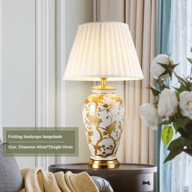 SANDYHA Nordic Classical Ceramic Desk Lamp Bedroom Decoration Home Dining Table Lighting for Living Room Fabric Lampshade