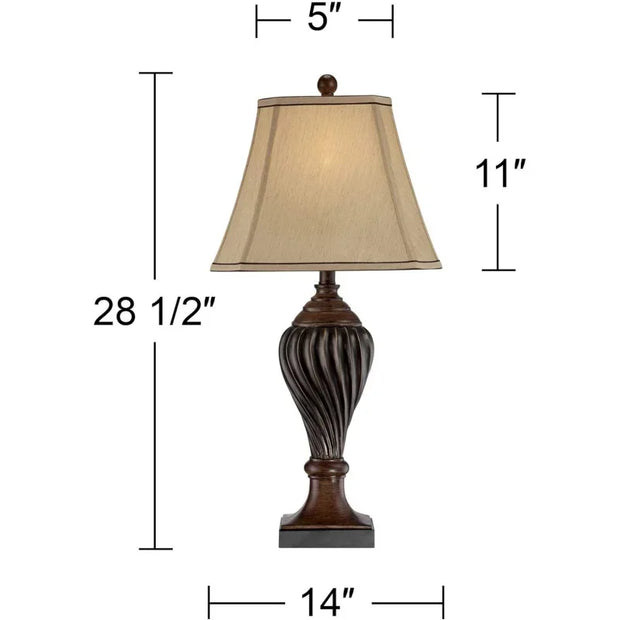 Regency Hill Carved 28 1/2 Tall Urn Traditional End Table Lamps Set of 2 Two-Tone Brown Finish Beige Shade Living Room Bedroom