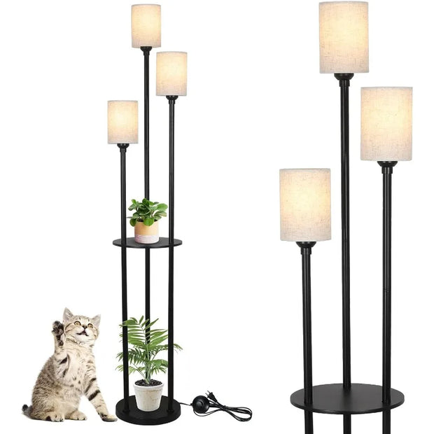 Floor Lamp with Shelves, Modern Floor Lamps for Living Room, 3-Lights Standing Lamp with Linen Shade and Foot Switch