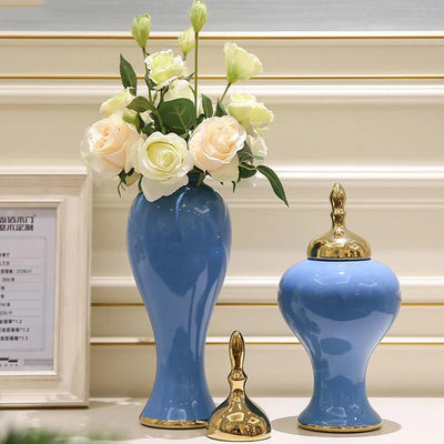 European Style Large Countertop Vase with Cover Flower Arrangement Desktop Ornaments Gilded Wedding Home Decoration