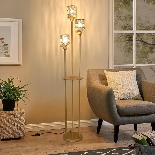 Floor Lamp with Shelves, Modern Floor Lamps for Living Room, 3-Lights Standing Lamp with Linen Shade and Foot Switch, Industrial