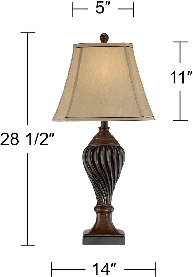 Regency Hill Carved 28 1/2 Tall Urn Traditional End Table Lamps Set of 2 Two-Tone Brown Finish Beige Shade Living Room Bedroom