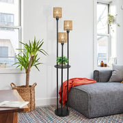 Floor Lamp with Shelves, Modern Floor Lamps for Living Room, 3-Lights Standing Lamp with Linen Shade and Foot Switch