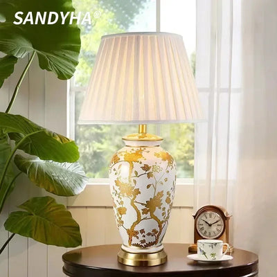 SANDYHA Nordic Classical Ceramic Desk Lamp Bedroom Decoration Home Dining Table Lighting for Living Room Fabric Lampshade