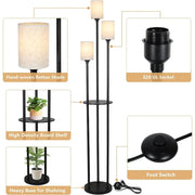 Floor Lamp with Shelves, Modern Floor Lamps for Living Room, 3-Lights Standing Lamp with Linen Shade and Foot Switch, Industrial