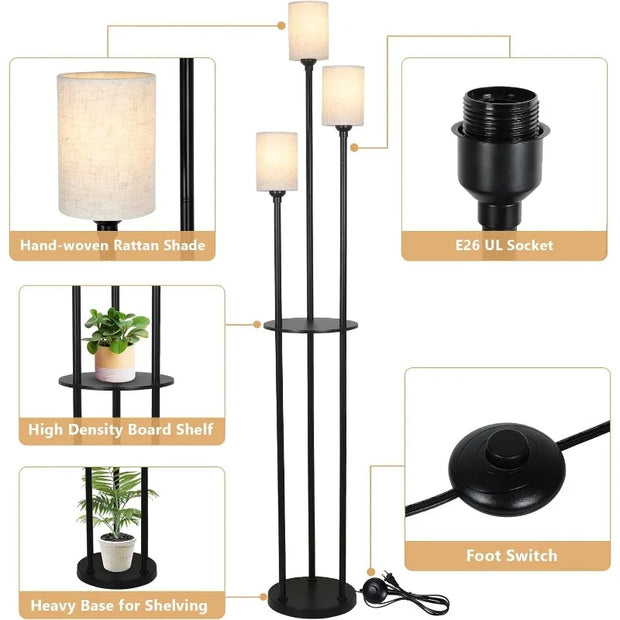 Floor Lamp with Shelves, Modern Floor Lamps for Living Room, 3-Lights Standing Lamp with Linen Shade and Foot Switch, Industrial