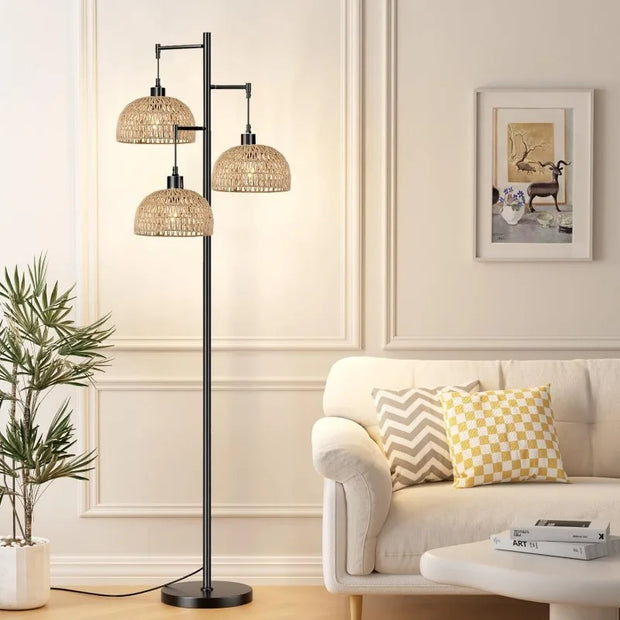 Floor Lamp for Living Room,Bedroom,3-Lights Boho Rattan Floor Lamps,Tree Farmhouse Industrial Black Standing