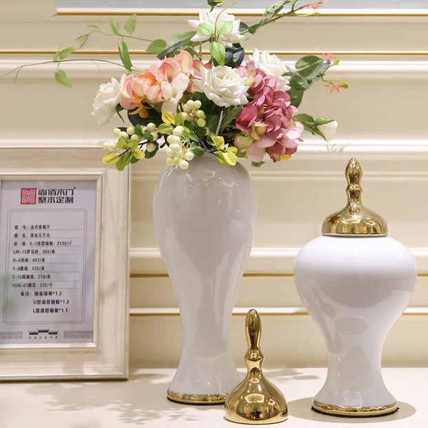 European Style Large Countertop Vase with Cover Flower Arrangement Desktop Ornaments Gilded Wedding Home Decoration