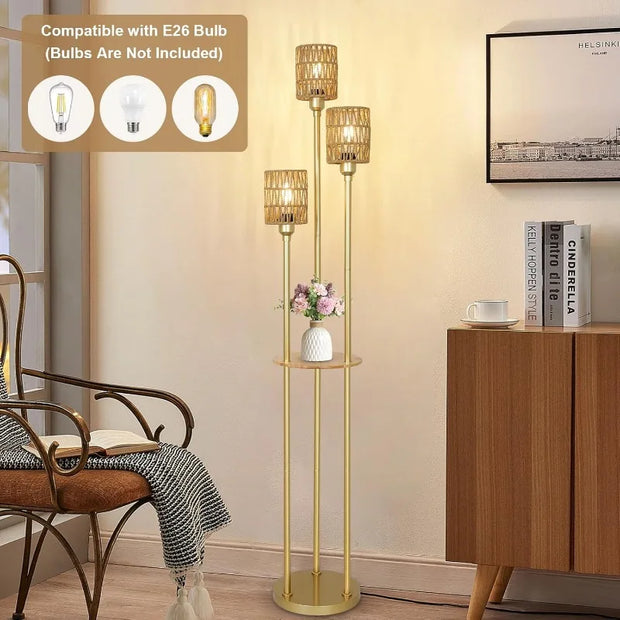 Floor Lamp with Shelves, Modern Floor Lamps for Living Room, 3-Lights Standing Lamp with Linen Shade and Foot Switch, Industrial