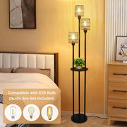 Floor Lamp with Shelves, Modern Floor Lamps for Living Room, 3-Lights Standing Lamp with Linen Shade and Foot Switch, Industrial