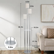 Floor Lamp with Shelves, Modern Floor Lamps for Living Room, 3-Lights Standing Lamp with Linen Shade and Foot Switch, Industrial