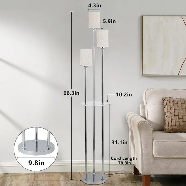 Floor Lamp with Shelves, Modern Floor Lamps for Living Room, 3-Lights Standing Lamp with Linen Shade and Foot Switch, Industrial