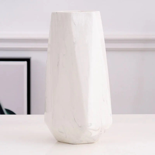 Nordic Ins Minimalist Polygonal Ceramic Vase Pure White Marble Pattern High Quality Handicrafts Home Model Soft Decoration