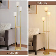 Floor Lamp with Shelves, Modern Floor Lamps for Living Room, 3-Lights Standing Lamp with Linen Shade and Foot Switch, Industrial