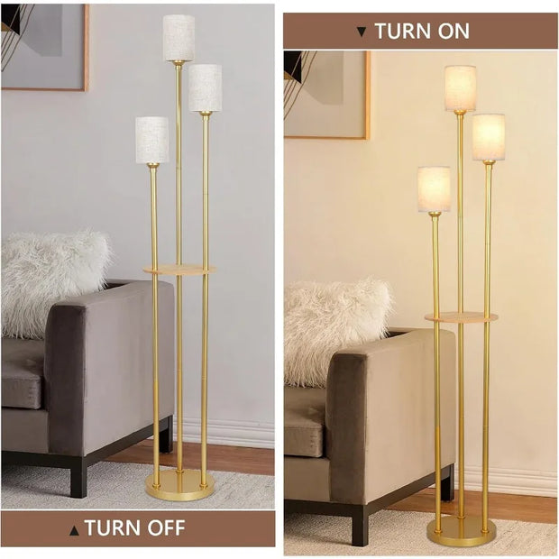 Floor Lamp with Shelves, Modern Floor Lamps for Living Room, 3-Lights Standing Lamp with Linen Shade and Foot Switch, Industrial