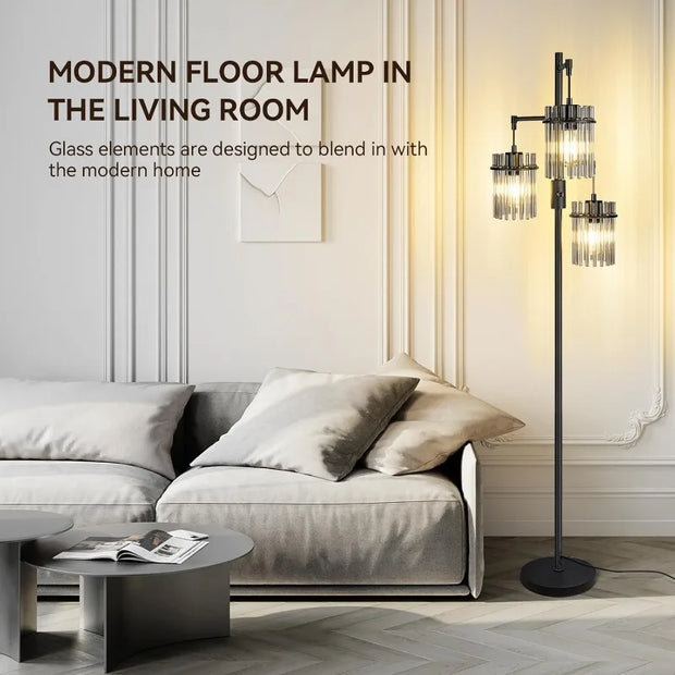 Industrial Modern Floor Lamps for Living Room, Dimmable Glass Tree Standing Tall Lamps with 3 Elegant Teardrop Cage