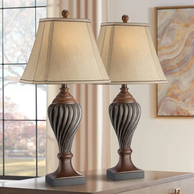 Regency Hill Carved 28 1/2 Tall Urn Traditional End Table Lamps Set of 2 Two-Tone Brown Finish Beige Shade Living Room Bedroom