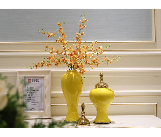 European Style Large Countertop Vase with Cover Flower Arrangement Desktop Ornaments Gilded Wedding Home Decoration