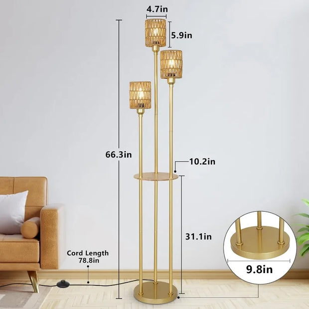 Floor Lamp with Shelves, Modern Floor Lamps for Living Room, 3-Lights Standing Lamp with Linen Shade and Foot Switch, Industrial