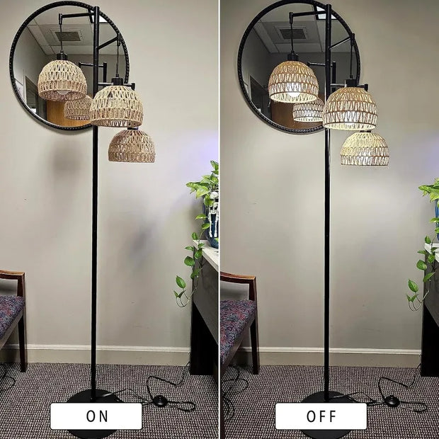 Floor Lamp for Living Room,Bedroom,3-Lights Boho Rattan Floor Lamps,Tree Farmhouse Industrial Black Standing