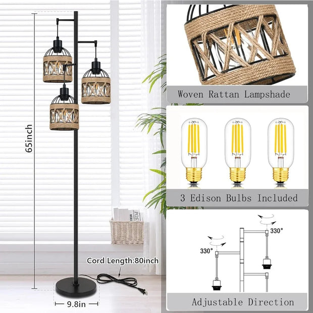 Tree Floor Lamp Rattan for Living Room,Bedroom,3-Lights Boho Floor Lamps,Farmhouse Industrial Black Standing Lamp Wicker