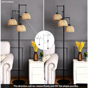 Floor Lamp for Living Room,Bedroom,3-Lights Boho Rattan Floor Lamps,Tree Farmhouse Industrial Black Standing