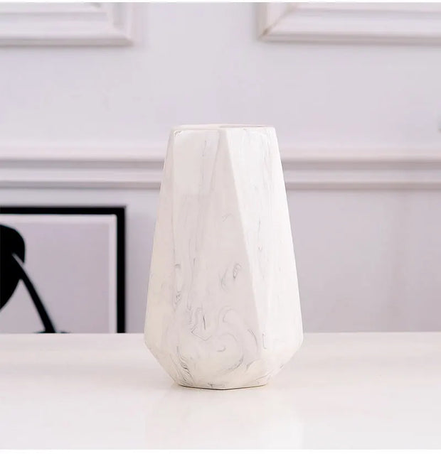 Nordic Ins Minimalist Polygonal Ceramic Vase Pure White Marble Pattern High Quality Handicrafts Home Model Soft Decoration