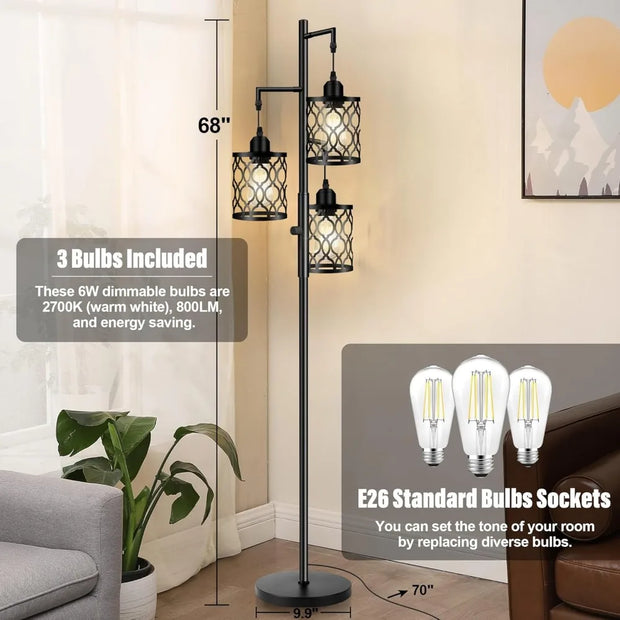 Dimmable Farmhouse Floor Lamp, 3 X 6W LED Bulb, 3 Light Country Stand Tall Lamp for Bedroom, Office, 68"