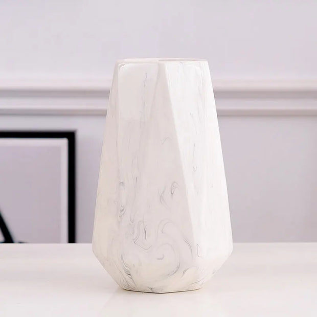 Nordic Ins Minimalist Polygonal Ceramic Vase Pure White Marble Pattern High Quality Handicrafts Home Model Soft Decoration