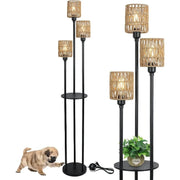 Floor Lamp with Shelves, Modern Floor Lamps for Living Room, 3-Lights Standing Lamp with Linen Shade and Foot Switch