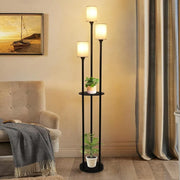 Floor Lamp with Shelves, Modern Floor Lamps for Living Room, 3-Lights Standing Lamp with Linen Shade and Foot Switch, Industrial