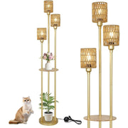 Floor Lamp with Shelves, Modern Floor Lamps for Living Room, 3-Lights Standing Lamp with Linen Shade and Foot Switch