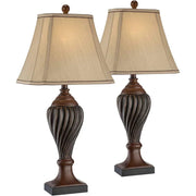 Regency Hill Carved 28 1/2 Tall Urn Traditional End Table Lamps Set of 2 Two-Tone Brown Finish Beige Shade Living Room Bedroom