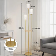 Floor Lamp with Shelves, Modern Floor Lamps for Living Room, 3-Lights Standing Lamp with Linen Shade and Foot Switch, Industrial