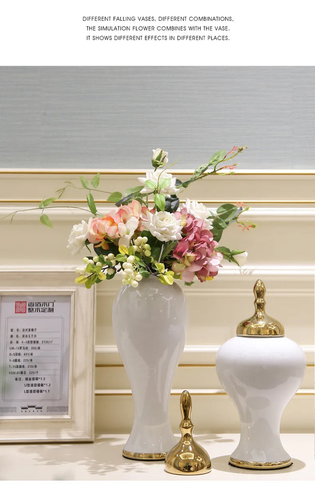 European Style Large Countertop Vase with Cover Flower Arrangement Desktop Ornaments Gilded Wedding Home Decoration