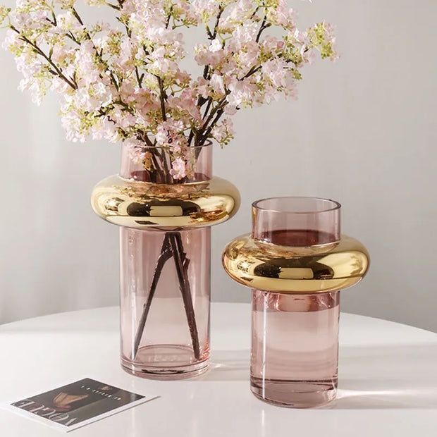 Nordic Light Luxury Gold Painted Glass Vase Simple Transparent Hydroponic Flower Arrangement Design Ornament Home Decor