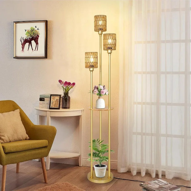 Floor Lamp with Shelves, Modern Floor Lamps for Living Room, 3-Lights Standing Lamp with Linen Shade and Foot Switch, Industrial