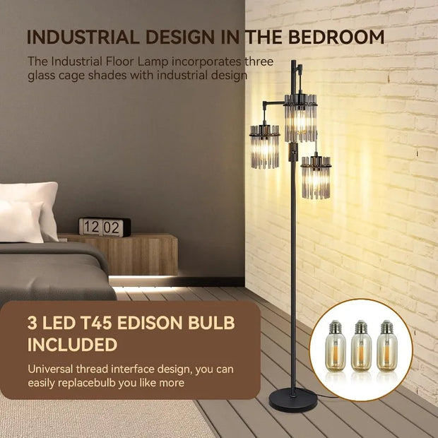 Industrial Modern Floor Lamps for Living Room, Dimmable Glass Tree Standing Tall Lamps with 3 Elegant Teardrop Cage